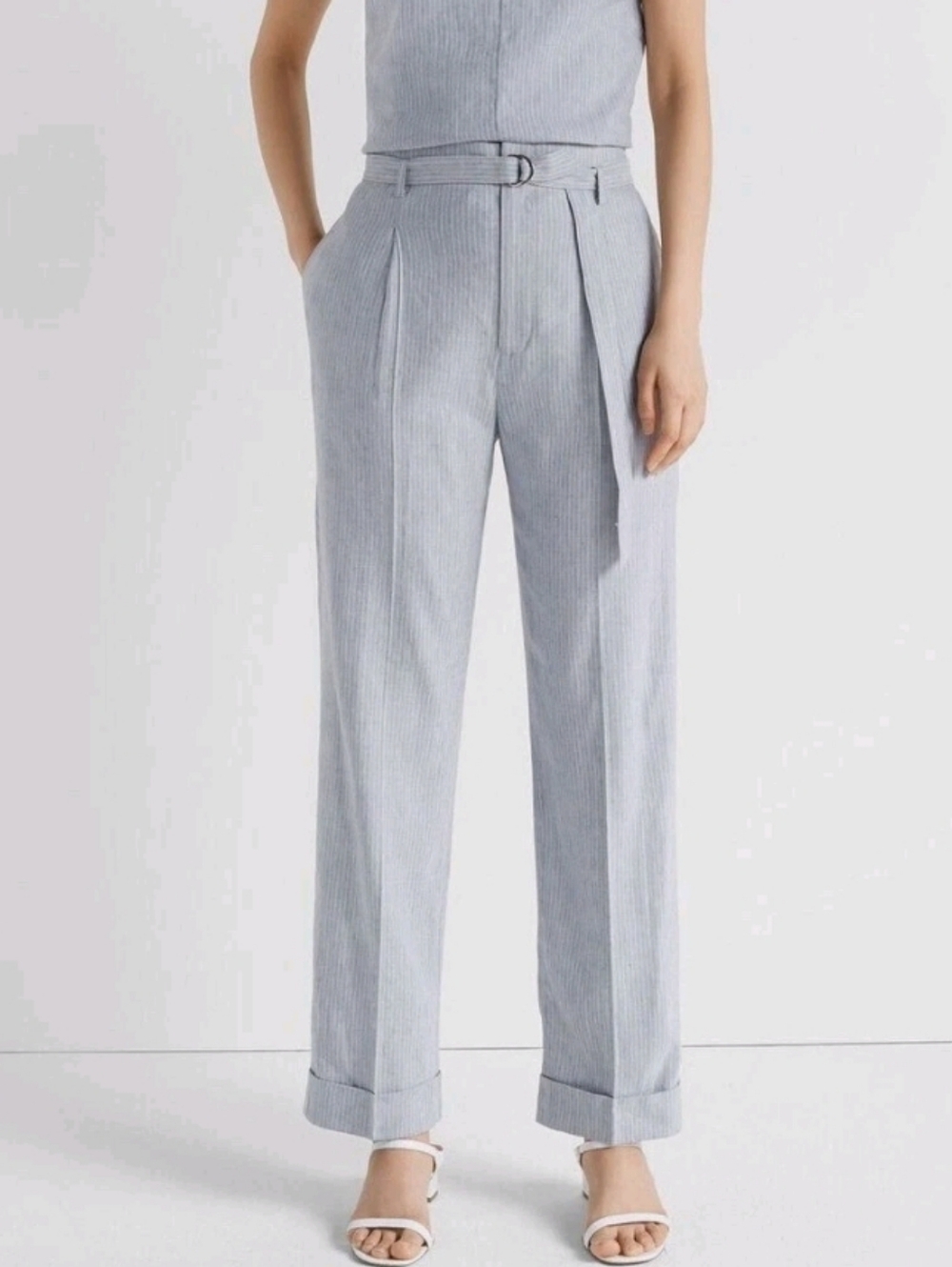 Club Monaco Light Blue Chambray Stripe Pleated Belted Trousers